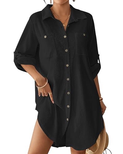 Bsubseach Terry Cloth Swim Cover Up for Women Cotton Bathing Suit Coverup Button Down Beach Shirt Robes with Pockets
