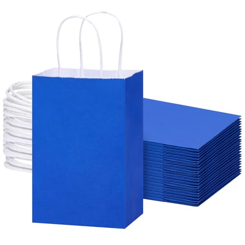 OUTUXED 25pcs 5.25x3.2x8in Blue Paper Bags Small Blue Gift Bags with Handles Bulk for Shopping Wedding Merchandise Birthday Business