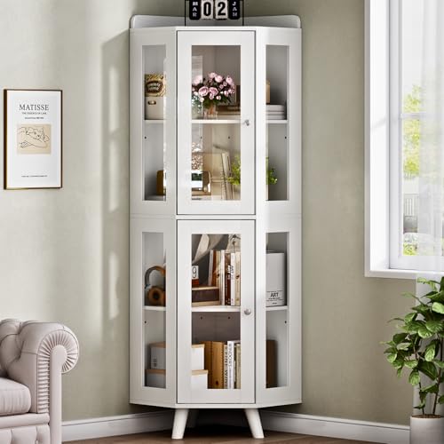 Loomie Tall Corner Cabinet with Glass Doors, Modern Storage Cabinet with Adjustable Shelves & Top Guard Rail, Home Space Saver for Bathroom, Living Room, Kitchen, Laundry Room, White
