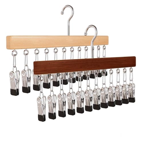 Shgxjjnb Wooden Rotating Pants Hanger, Closet Organizer with 12 Clips, Space Saving Hanging Clothes Legging Wardrobe Organizer for Jeans, Hats, Shorts, Socks (Brown+Nature, 2Pack)