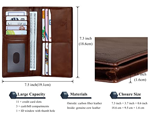 Image of VISOUL Leather Checkbook Cover Wallet for Men with RFID Blocking, Mens Long Bifold Cash Tall Wallet with 11 Credit Card Slots 1 ID Window (Brown)