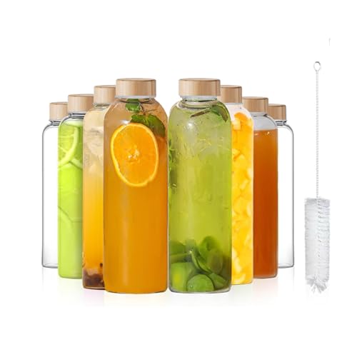 DYUEE Glass Water Bottles with Wood Lids 8pcs Glass Juice Bottles 500ml Reusable Drinking Bottle Leakproof Beverage Container Clear Bottle for Juicing Sauce Jar Hot & Cold Drinks Milk,with Brush