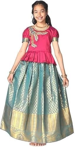 Toddler Girls | Lehenga Choli Set Pattu Pavadai South Indian Style Dress Traditional Zari Border Embroidered Jacquard Weave