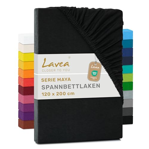 Lavea® Spannbettlaken 120 x 200 cm Maya Jersey, Bettlaken aus 100% Baumwolle, mit Rundumgummi für Matratzen bis 20 cm, atmungsaktiv, pflegeleicht, formstabil, Spannbetttücher, Schwarz