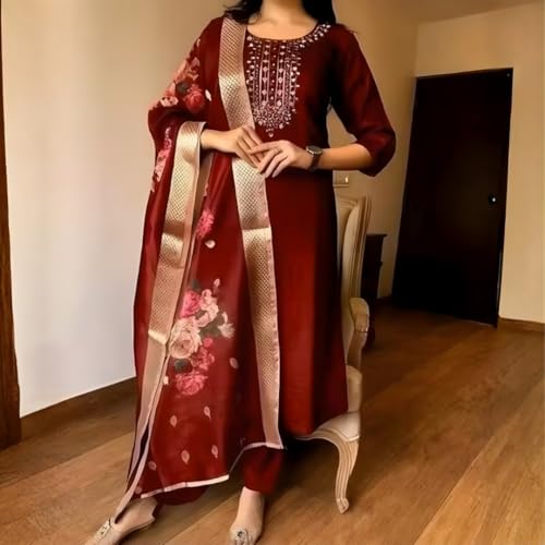 Image of Womens Magic Cotton Kurti Pant Dupatta Set | Three-Quarter Sleeve Ethnic Kurta Pant & Dupatta Set (Size - XXL, Maroon)