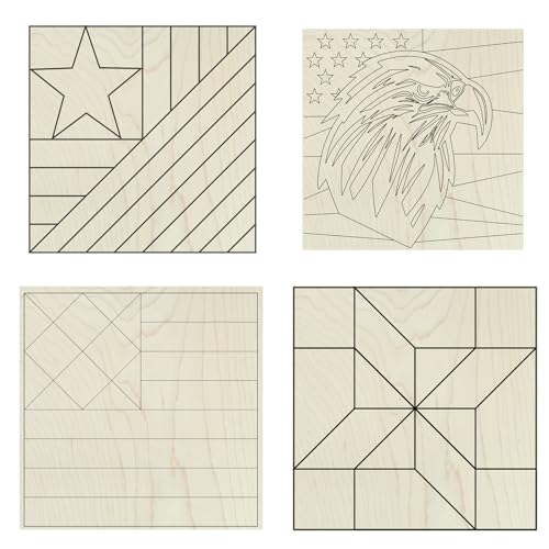 Patriotic Barn Quilt Wood Craft Set | 4 Paintable Small Blocks | Unfinished Laser Cut USA Designs | DIY Farmhouse Wall Decor Kit (6 inches, Flag, Eagle, Hourglass Flag, Friendship Star)