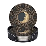 Leather Drinks Coasters Set of 6 Moon Octagonal Star Magical Inscriptions Absorbent Tea Cup Coasters with Holder