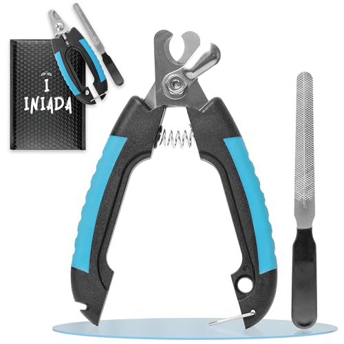 I INIADA® Cortauñas Gato de Acero Inoxidable + Lima para Acabado - Cortauñas Perro con Tope de Seguridad - Negro/Azul, Especial para Mascotas Grandes y Medianas.