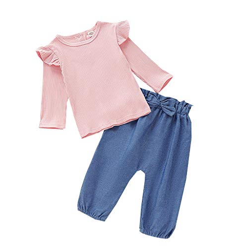 0-3 Años,SO-buts Bebé Niña Bebé Volantes Tops De Punto De Color Liso + Bowknot Jeans Pantalones Conjuntos Informal De Otoño Encantadorl Traje (Rosado,12-18 meses)