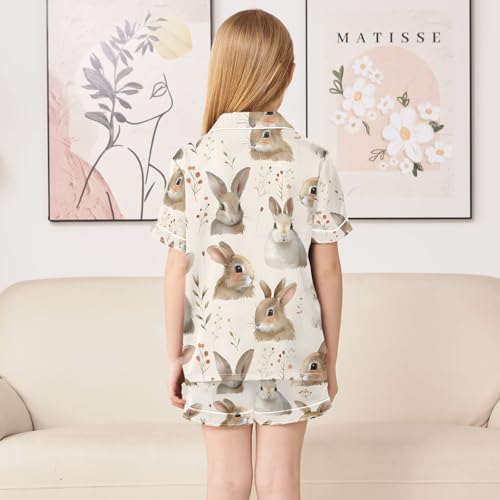 ALAZA Lovely Rabbit Watercolor Leaves Pajamas Satin Pajama Set Short Sleeve Button Down Sleepwear4