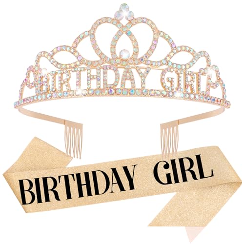 Chanaco Happy Birthday Crown for Women, Birthday Sash and Crown for Girls, Tiara and Sashes Kit, Rhinestone Hair Accessories “BIRTHDAY GIRL” Sash for Party Favors
