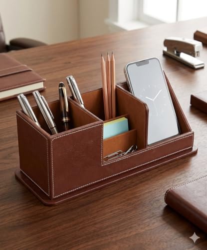 Image of LUVYANSH Pen stand and Mobile holder Premium Leather Product Brown Colour (Make in India)