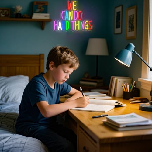 Image of We Can Do Hard Things Neon Sign, Letter Neon Signs for Wall Decor Dimmable Light up Sign, Classroom Wedding Kids Room Store Home Neon Decor 13.39 x 10.63 inch