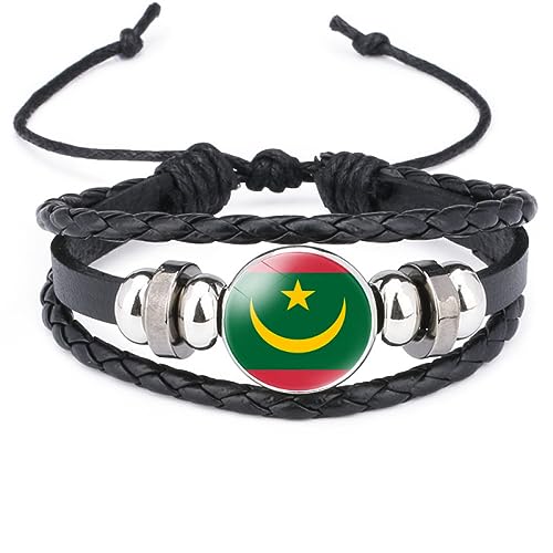 GONMFKM Bracelet Drapeau De La Mauritanie À La Mode - Charme Des Pays Africains Bracelet En Cuir Tissé Multicouche, Bracelet Unisexe Accessoires De Bijoux De Manchette De Mode Créative, Noir, Long 1