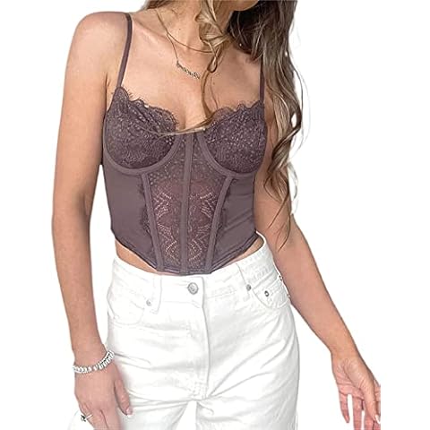 Women Corset Crop Top Sexy Spaghetti Strap Push Up Bustier E-Girl Solid Color Lace Cami Slim Patchwork Tank Clubwear (Dark Purple, Medium) Cover