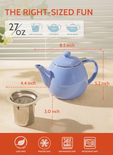 Image of Sweese Porcelain Teapot 27 oz with Infuser for Loose Leaf Tea, Dusty Blue
