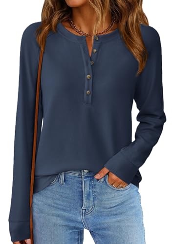 Image of PRETTYGARDEN Women's Long Sleeve Waffle Knit Henley Shirts Loose Tunic Tops