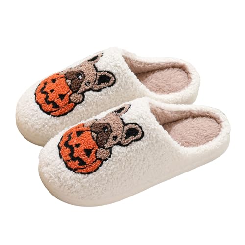 Halloween Slippers for Women,Women's Retro Memory Foam Cute Cartoon Plush Fluffy Warm Fur Lined slippers Indoor House Home Winter Shoes