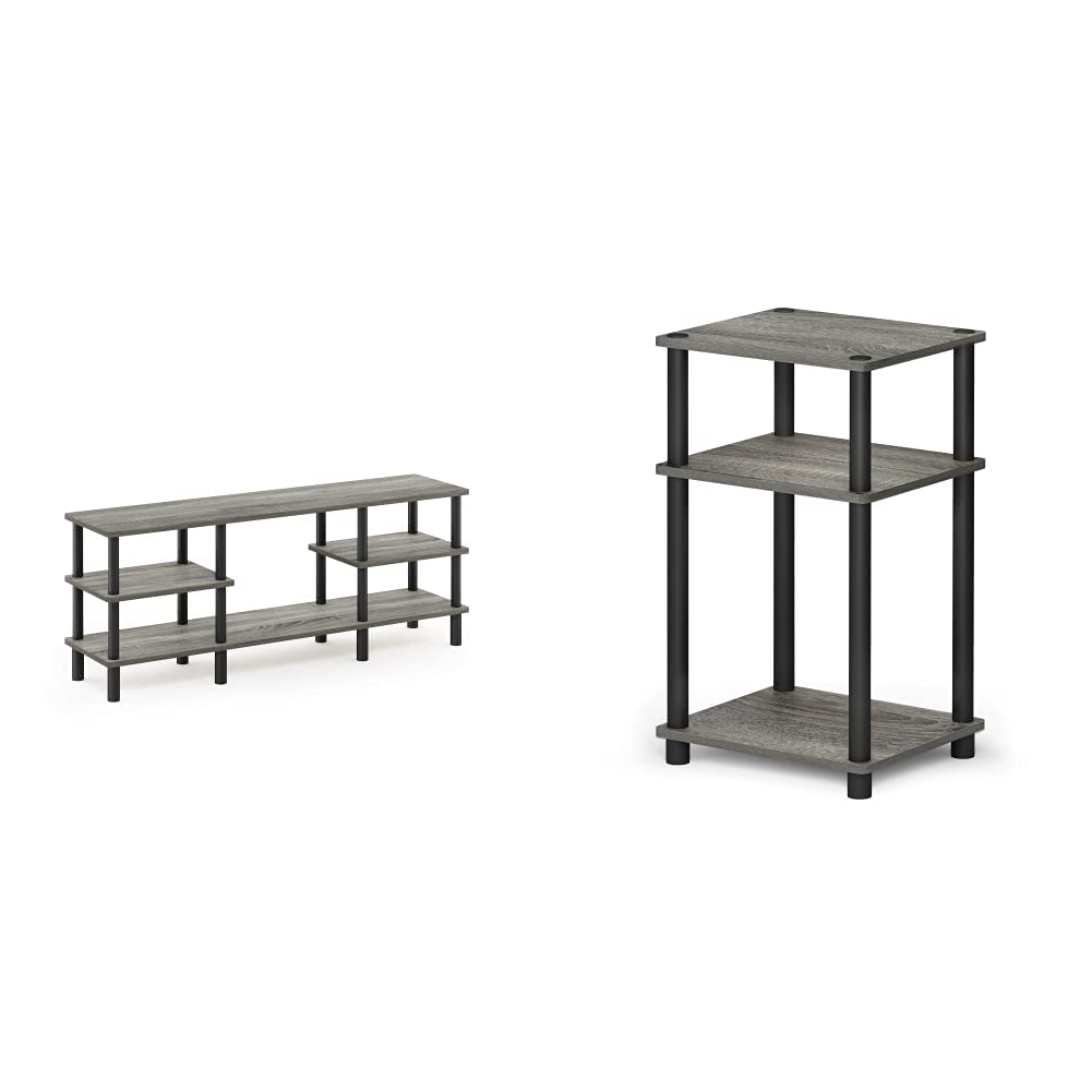 Photo 1 of ***PARTS ONLY***
***DAMAGED***
Furinno Turn-N-Tube 3-Tier Multipurpose Wide Shelf TV Stand, French Oak Grey/Black & Just 3-Tier Turn-N-Tube End Table, 1-Pack, French Oak Grey/Black French Oak Grey/Black 3-Tier Stand + End Table, 1-Pack