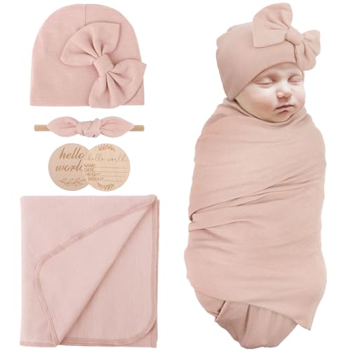Image of AQOKKA Newborn Receiving Blanket with Bow Hat Headband Wooden Card Set Newborns Toddler Baby Boy Girl Nursery Swaddle Wrap