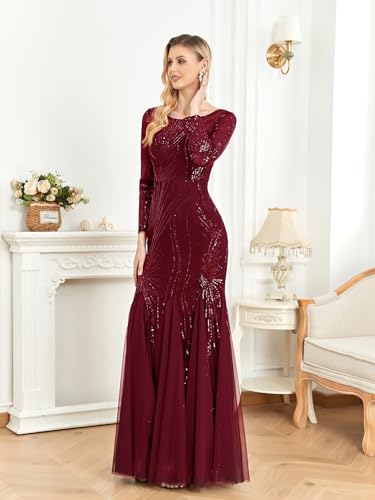 Image of Long Sleeve Sequin Evening Dress Glitter Mermaid Long Gown for Mother of The Bride Or Wedding Guest