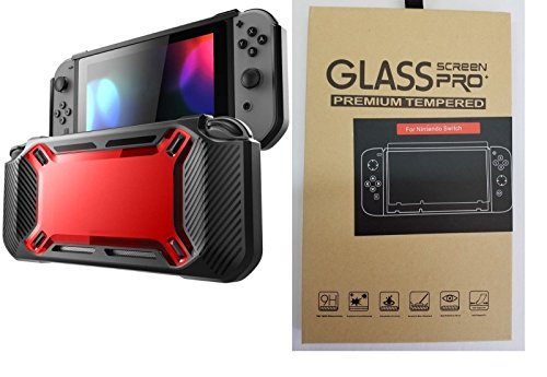 Replacement Glass Screen & Rubber Shell Case for Nintendo Switch - Black/Red