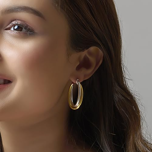 Image of TRUESILVER ACPL 925 Sterling Silver Hoop Earrings for Women | BIS Hallmarked Two-Tone & Three-Tone Intertwined Hoop Earrings | Oval & Round Lightweight Jewelry