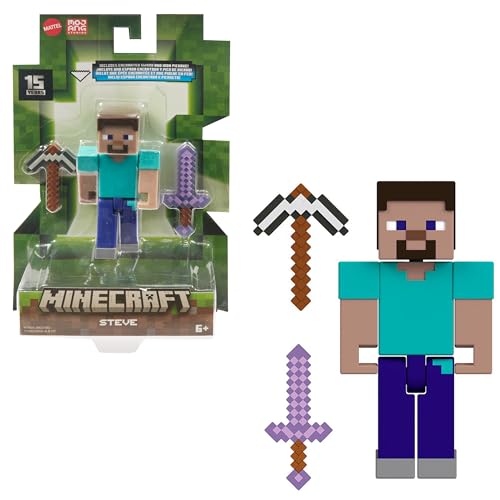 Mattel Minecraft Figura de acción Steve con espada encantada y pico de hierro, juguete +6 años (HTN05)