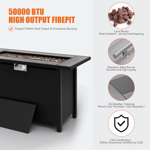 Shintenchi Fire Pits 45 inch 50,000 BTU Outdoor Rectangular Propane Gas Fire Pit Table, Steel Gas Fire Pit with Lid, Lava Rock & Waterproof Cover for Patio, Yard, Party - 3