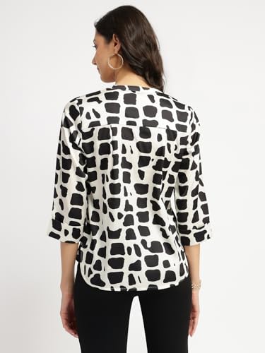 Image of FableStreet Women Shirt Work & Casual | Relaxed Fit Mandarin V-Neck Three-Quarter Sleeves Solid Pattern | Breathable Woven Fabric for Office & Everyday Wear