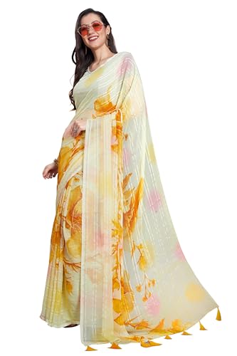 Image of RANI SAAHIBA Women's Printed Chiffon Saree Without Blouse Piece