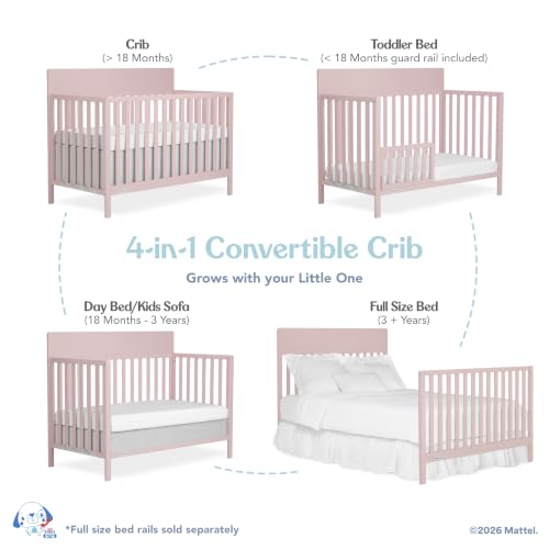 Image of Fisher-Price Meadowbrook 4-in-1 Convertible Full Size Baby Crib, Wooden Nursery Furniture, Converts to Toddler Bed with Guardrail, Daybed & Full-Size Bed, Greenguard Gold & BSA Certified, Pink