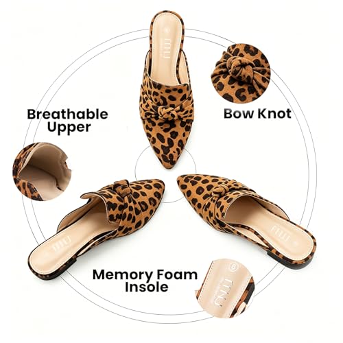 Image of MUSSHOE Mules for Women with Bow Knot: Pointed Toe Flats - Cloud-Cushion Suede Backless Loafers for Office & Casual Wear - Wide-Fit Friendly Slip On Slides with Memory Foam