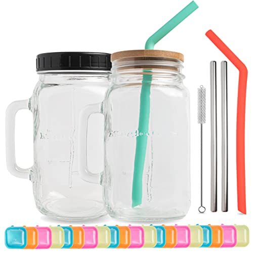 MagicJugs 32 oz Wide Mouth Glass Drinking Jar with Handle | Iced Coffee Cup | Includes 2 Lids 2 Silicone Straws 2 Stainless Steel Straws 20 Reusable Ice Cubes Cleaning Brush & Recipe Book.