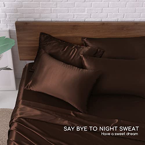 Image of MR&HM Satin Bed Sheets, Queen Size Sheets Set, 6 Pcs Silky Bedding Set with 15 Inches Deep Pocket for Mattress (Queen, Brown)