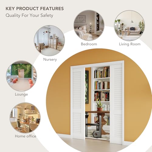 Image of 60 inch x 80 inch Sliding Pocket Door, Louvered Pantry Doors with Frame and Hardware Kit, Interior Door, White Primer Closet Doors - No Panel Assembly Required