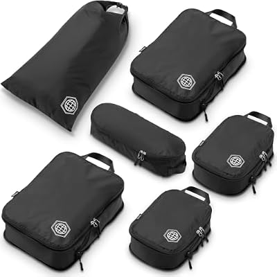 Compression Packing Cubes 6 Piece Set for Travel - Lightweight, Durable Clothes Organizer (Black)