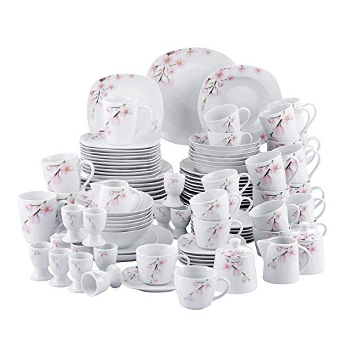 VEWEET Annie Servizio da Tavola in Porcellana Set 100 Pezzi con Piatti Piani, Piatti da Dessert, Piatti Fondi, Ciotole, Tazze, Mugs, Piattini, Portauova, Zuccheriere e Lattiere per 12 Persone
