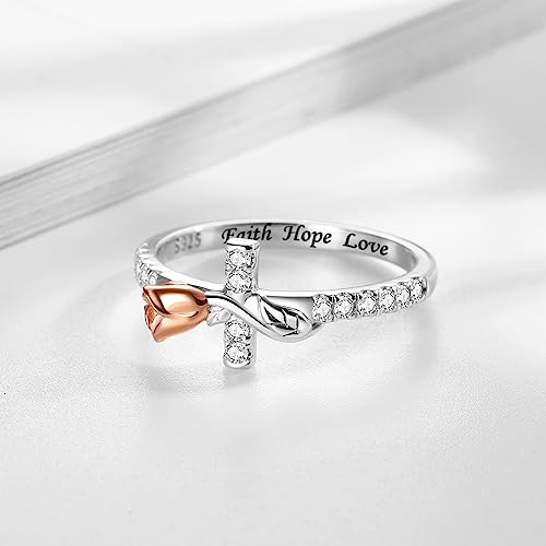 Sololike Sterling Silver Rose Flower Rings: Jesus Sideways Cross Rings Faith Hope Love Promise Rings For Her Stacking Ring For Women - Valentine'S Day Jewelry Gifts thumb #5