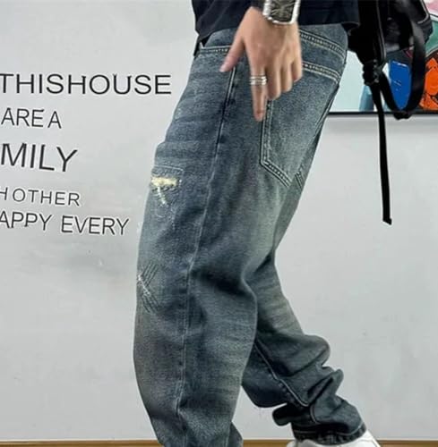 Men’S Vintage Ripped Patch Regular Straight Cargo Pants Button Fly Midweight Distressed Casual Full Length Jeans4