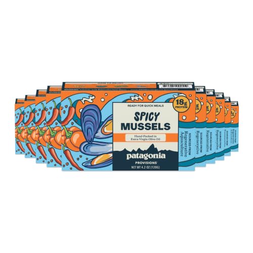 Patagonia Provisions - Spicy Mussels in Extra Virgin Olive Oil | Responsibly sourced | 18g Protein & Gluten Free | Pack of 10