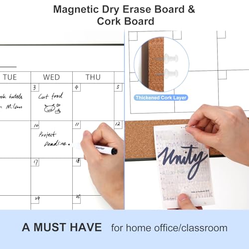 Whiteboard-Kalender & Korkboard-Kombination, 60 x 45 cm, Magnetisches Whiteboard mit Kalender, Schwarzer Rahmen, Monatsplaner für Büro, Zuhause, Schule