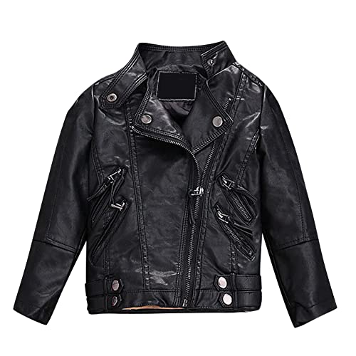 LSHDCER Enfant Blouson de Motard en Similicuir Veste Fille en Cuir PU Manteau Garçon Zippé de Imitation Cuir à Col Revers, Noir, 100/3-4 Ans