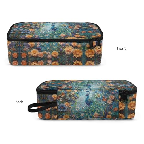 Image of Girls Pencil Case Peacock Flower Pencil Pouch Large Storage,Pencil Organizer for Kids Aesthetic Pencil Bag for Children Boys Sturdy Pen Box with Protable Handle Handbag Cion Purse