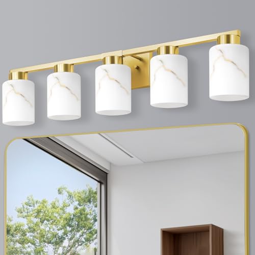 Image of 5-Light Bathroom Light Fixtures, Modern Vanity Lights, Gold Metal Wall Lamp with White Marble Glass for Bathroom, Mirror, Living Room, Bedroom, Cabinet, Porch, Hallway, E26 Base