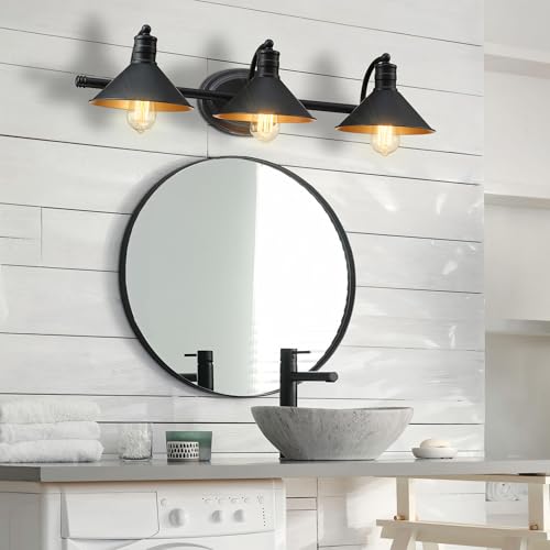 Image of 3 Light Bathroom Vanity Light Over Mirror - Farmhouse Wall Light for Bathroom Vanity Powder Room, Rustic Gooseneck Barn Style 3 Bulb Wall Sconce Over Kitchen Sink