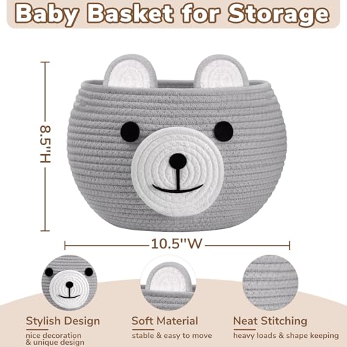 Image of CherryNow Baby Basket for Nursery, Bear Gift Baskets Empey for Kids, Diaper Caddy Baby Shower Basket, Cute Animal Baskets for Toy Storage, Light Grey, 10.5 inchD x 8.5 inchH