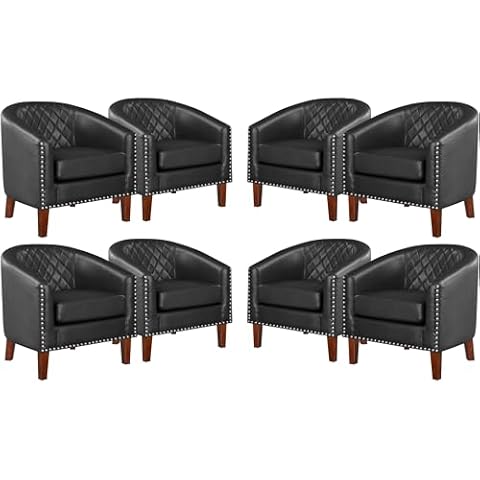 Prilinex Comfy Barrel Accent Chair Set of 8 - Faux Leather Living Room Chair Club Chair with Cushion, Diamond Grid Backrest & Nailhead Trim, Guest Chair for Office, Bedroom & Waiting Room, Black Cover