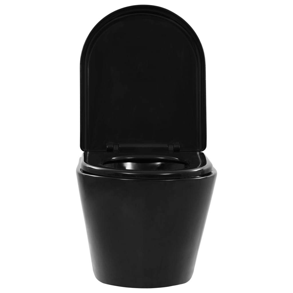Inodoro colgante con cisterna empotrada, inodoro de cerámica negra sin borde, asiento de cierre suave, montaje en pared, ahorro de agua, con kit de montaje y descenso automático para baño y