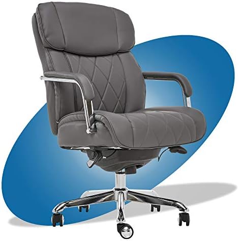 La-Z-Boy Sutherland Quilted Leather Executive Office Chair with Padded Arms, High Back Ergonomic Desk Chair with Lumbar Support, Grey Bonded Leather